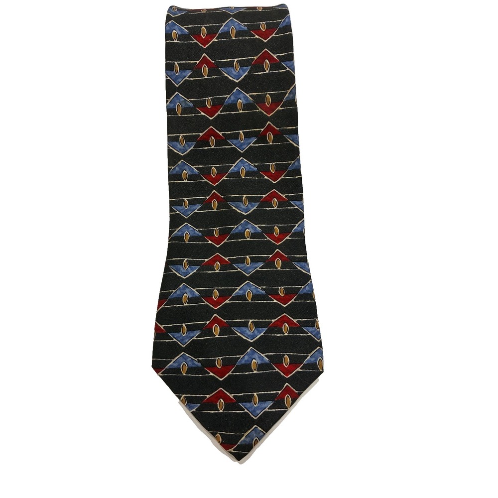 Halston Tie Mens 100% Silk Geometric Black Red Blue Classic Necktie Designer